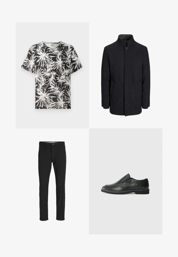 Moška črna volnena jakna z višjim ovratnikom, skritim zadrgo, enojnim gumbom za zapiranje in stranskimi žepi.; Črna majica s kratkimi rokavi, okroglo izrezana, z belim abstraktnim vzorcem dlanovega lista, narejena iz lahkega bombažnega materiala.; Črne bombažne hlače iz mešanice tkanin, ožjega kroja, z gumbom za zapiranje, žepi in zavihanimi robovi za sproščen videz.; Črne usnjene natikače z gladkim zgornjim delom, prišitimi detajli, zaobljenim nosom in nizkim gumijastim petkom. Podplat ima minimalen profil.