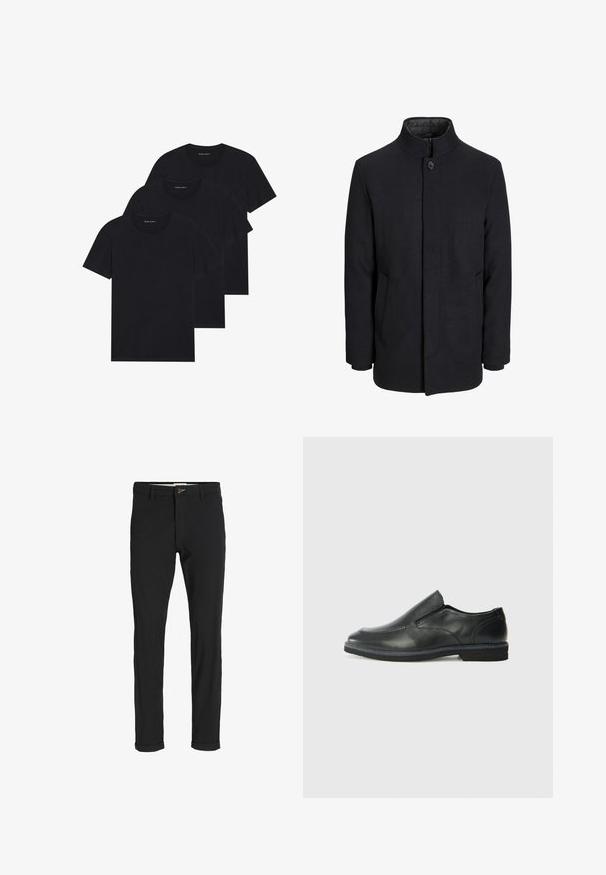 Férfi fekete gyapjú kabát magas gallérral, rejtett cipzárral, egy gombos záródással és oldalzsebekkel.; Három fekete pamut póló, kerek nyakkal, rövid ujjal és egyszínű dizájnnal. Minden pólón látható logó található a nyaknál.; Fekete pamut keverék nadrág, slim fit szabással, gombos záródással, zsebekkel és felgöngyölt szárakkal a laza végeredményért.; Fekete bőr, slip-on cipő sima felsőrésszel, varrott díszítéssel, lekerekített orral és alacsony gumitalppal. A talpa minimális bordázattal rendelkezik.