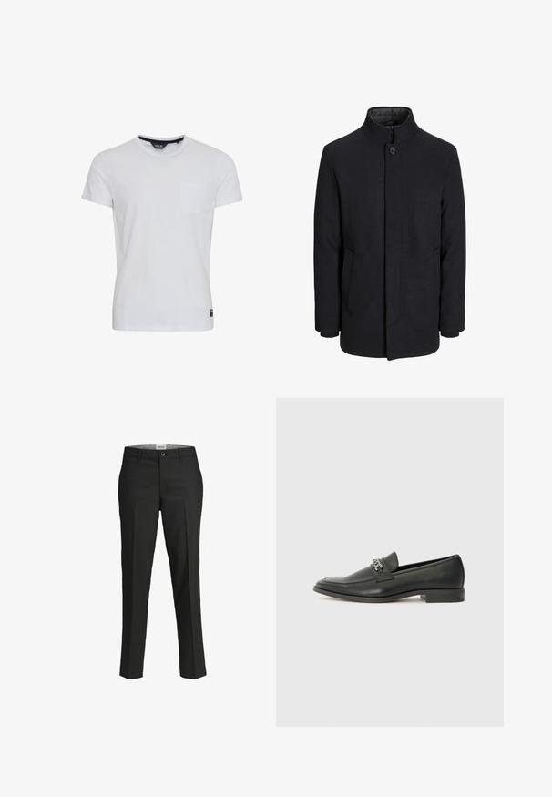 Manteau en laine noir pour homme avec col haut, fermeture éclair dissimulée, fermeture à un bouton et poches latérales.; T-shirt en coton blanc à manches courtes, avec un col rond et une poche sur la poitrine gauche. Présente une étiquette en bas à gauche. Texture lisse.; Pantalon noir, coupe ajustée, tissu lisse, taille mi-haute, fermeture à bouton à l'avant, poches en biais, et détails de pli sur les jambes.; Mocassin en cuir noir avec une finition lisse, présentant un design cousu et une accent décoratif en chaîne métallique sur le rand. Talon plat.