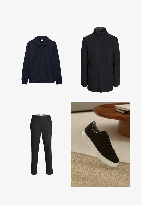 Męski czarny wełniany płaszcz z wysokim kołnierzem, ukrytym zamek błyskawicznym, zapięciem na jeden guzik oraz bocznymi kieszeniami.; Granatowa koszulka polo z długim rękawem, wykonana z miękkiego materiału, z zagiętym kołnierzykiem, trzema guzikami oraz ściągaczami przy mankietach i u dołu.; Czarne spodnie, dopasowany krój, gładki materiał, średni stan, zapięcie na guzik z przodu, ukośne kieszenie oraz detalowanie wzdłuż nogawki.; Czarny sneaker z białą podeszwą unoszący się nad beżowym, teksturowanym dywanem w pobliżu okrągłego drewnianego stołu z poukładanymi książkami.