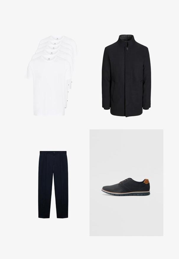 Men's black wool coat with high collar, concealed zipper, single button closure, and side pockets.; White short-sleeve t-shirts stacked, made of cotton. Features a round neck and a straight cut. Fabric appears smooth with no patterns.; Navy blue, flat-front trousers made of lightweight fabric with a smooth texture; features a button closure and two side pockets.; Black synthetic shoes with a textured upper, smooth accents, brown heel, and a contrasting sole. Features minimal lacing and stitch details.
