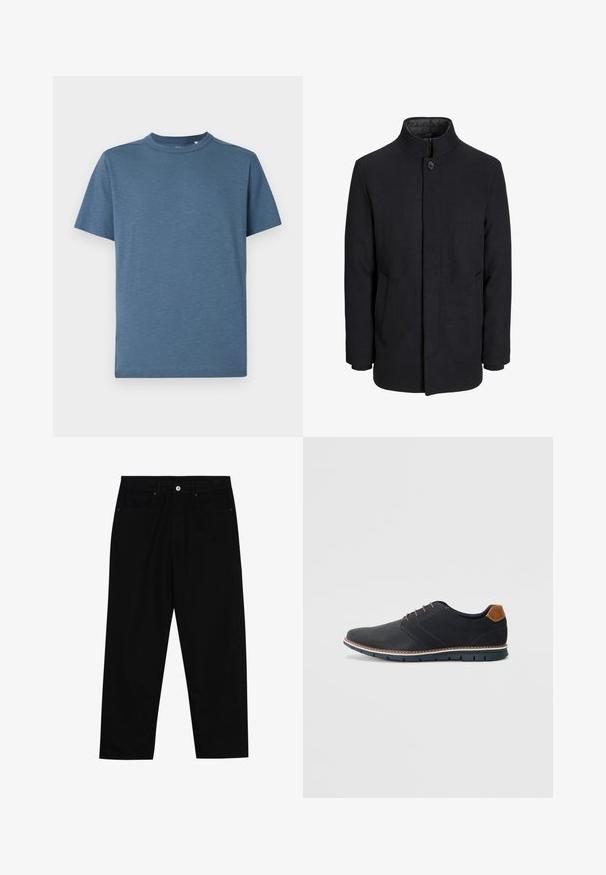 Vīriešu melns vilnas mētelis ar augstu apkakli, slēptu rāvējslēdžu, vienu pogu aizdari un sānu kabatām.; Zils īsām piedurknēm t-krekls, kas izgatavots no viegla auduma, ar apaļu kakla izgriezumu un diskrētu zīmolu uz krūtīm. Gluda tekstūra.; Melni džinsi ar taisnu kāju griezumu, piecu kabatu dizainu un priekšēju pogu aizdari. Gluda tekstūra ar minimālu šuvju detaļu skaitu.; Melni sintētiskie apavi ar struktūru augšdaļā, gludu akcentu, brūnu papēdi un kontrastējošu zoli. Iezīmē minimālu šņorēšanu un šuvju detaļas.
