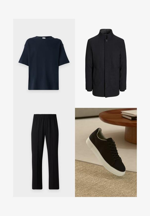 Pánský černý vlněný kabát s vysokým límcem, skrytým zipem, zapínáním na jeden knoflík a bočními kapsami.; Námořnická modrá tričko s krátkým rukávem vyrobené z hladkého materiálu, s kulatým výstřihem a volným střihem bez dalších detailů nebo vzorů.; Černé kalhoty s elastickým pasem a rovnými nohavicemi, s hladkým povrchem a bez viditelných vzorů nebo kovových doplňků.; Černé tenisky s bílou podrážkou plující nad béžovým texturovaným kobercem poblíž kulatého dřevěného stolu se stohovanými knihami.