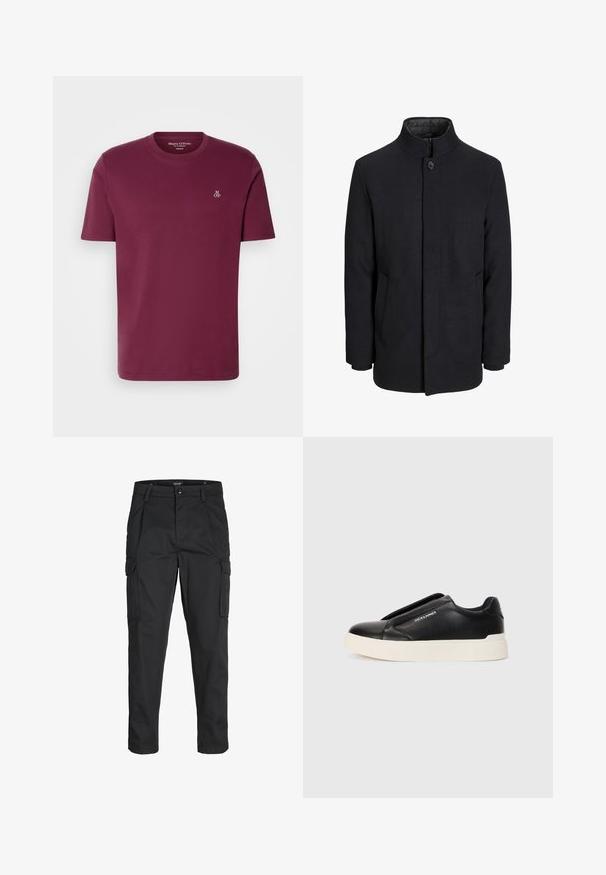 Pánský černý vlněný kabát s vysokým límcem, skrytým zipem, zapínáním na jeden knoflík a bočními kapsami.; Bordová bavlněná tričko s kulatým výstřihem, krátkými rukávy a malým bílým logem "M OP" na hrudi. Hladká textura a klasický střih.; Černé cargo kalhoty vyrobené z odolné tkaniny, s mnoha kapsami, knoflíkovým zapínáním a slim fit střihem se zúženými nohavicemi.; Černé nazouvací tenisky s texturovaným koženým svrškem, bílou gumovou podrážkou a bez viditelných tkaniček. Na boku se nachází logo značky.