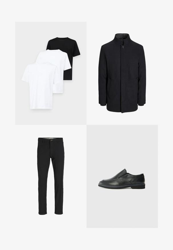 Abrigo de lana negro para hombre con cuello alto, cremallera oculta, cierre de un botón y bolsillos laterales.; Tres camisetas de manga corta: dos blancas y una negra. Hechas de algodón, con cuello redondo y un diseño simple y clásico.; Pantalones de mezcla de algodón negros con corte ajustado, que presentan un cierre de botón, bolsillos y puños enrollados para un acabado casual.; Zapato negro de cuero sin cordones con un upper suave, detalles de costura, punta redonda y un bajo tacón de goma. La suela presenta una tracción mínima.