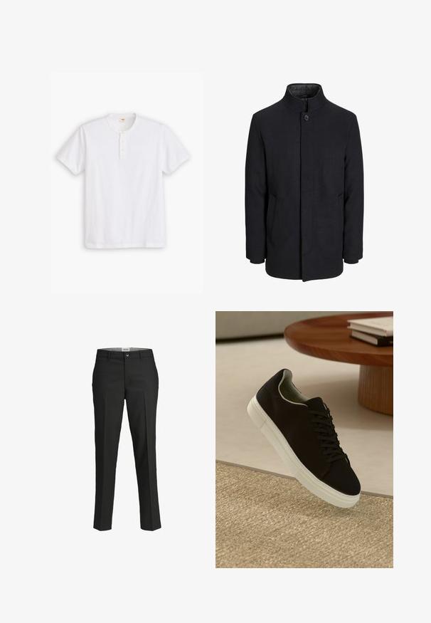 Pánský černý vlněný kabát s vysokým límcem, skrytým zipem, zapínáním na jeden knoflík a bočními kapsami.; Bílá krátkosrstá polo košile z bavlny s kulatým výstřihem, třemi knoflíky a jemným logem na hrudi.; Černé kalhoty, s přiléhavým střihem, hladká tkanina, střední pas, přední zapínání na knoflík, šikmé kapsy a záhyby podél nohavic.; Černé tenisky s bílou podrážkou plující nad béžovým texturovaným kobercem poblíž kulatého dřevěného stolu se stohovanými knihami.
