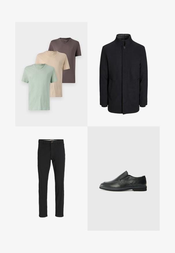 Moška črna volnena jakna z višjim ovratnikom, skritim zadrgo, enojnim gumbom za zapiranje in stranskimi žepi.; Tri v-neck majice v umirjenih barvah: zeleni, bež in rjavi. Kratki rokavi, mehak material in majhna oznaka na prsih vsake.; Črne bombažne hlače iz mešanice tkanin, ožjega kroja, z gumbom za zapiranje, žepi in zavihanimi robovi za sproščen videz.; Črne usnjene natikače z gladkim zgornjim delom, prišitimi detajli, zaobljenim nosom in nizkim gumijastim petkom. Podplat ima minimalen profil.