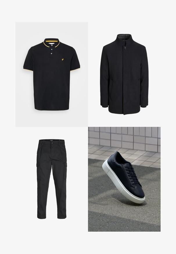 Vīriešu melns vilnas mētelis ar augstu apkakli, slēptu rāvējslēdžu, vienu pogu aizdari un sānu kabatām.; Melna polo krekls, izgatavots no kokvilnas, ar dzeltenu apkakli un piedurkņu apdari, trīs pogu aizdari un mazu dzeltenu logotipu uz krūtīm.; Melnas kravas bikses, izgatavotas no izturīga auduma, ar vairākiem kabatām, pogu aizdari un šaura piegriezuma dizainu ar sašaurinātiem kāju apakšiem.; Melnas ādas kedas ar noapaļotu pirkstu un baltu gumijas zoli. Iespējas - plakanas šņorītes un minimāla apdare augšdaļā. Struktūrēta zole, lai nodrošinātu saķeri.