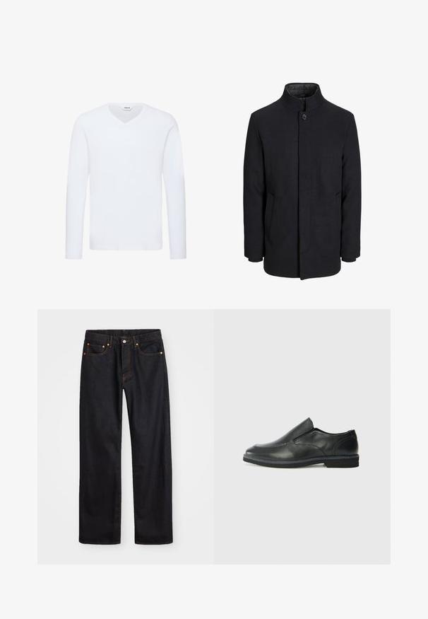 Men's black wool coat with high collar, concealed zipper, single button closure, and side pockets.; White long-sleeve V-neck t-shirt in a soft cotton blend. Features a smooth texture and straight hem with minimal detailing.; Men’s straight-leg black denim jeans with five pockets and orange stitching, button and zip closure on front waistband.; Black leather slip-on shoe with a smooth upper, stitched accents, rounded toe, and a low rubber heel. Sole features minimal tread.