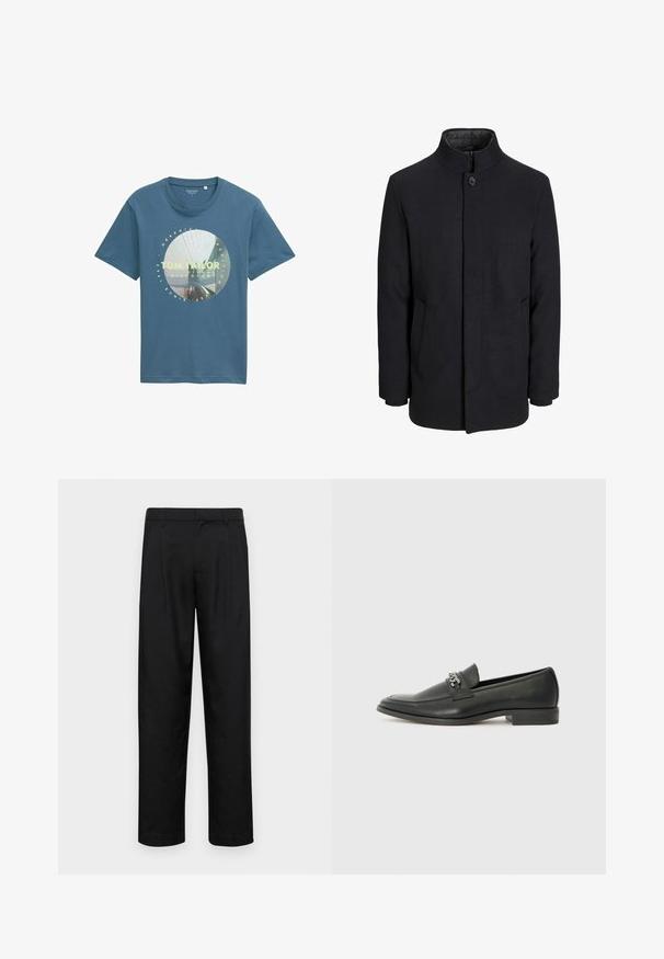Palton negru din lână pentru bărbați, cu guler înalt, fermoar ascuns, închidere cu un singur buton și buzunare laterale.; Tricou din bumbac de culoare albastră, cu un imprimeu grafic circular cu textul "Tom Tailor" în culoarea galbenă. Mâneci scurte, gât rotund și croială lejeră.; Pantaloni negri dintr-un material neted, cu un design drept, două pliuri frontale și un tiv standard cu bucle pentru curea.; Pantofii negri din piele cu un finisaj neted, având un design cusut și un accent decorativ de lanț metalic peste partea de sus. Toc plat.