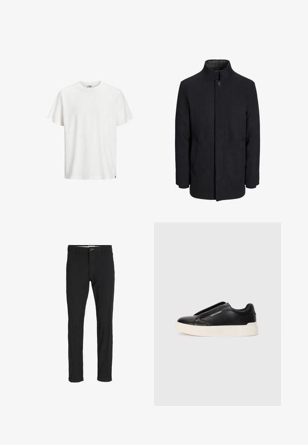 Pánsky čierny vlnový kabát s vysokým golierom, skrytým zipsom, jedným gombíkom a bočnými vreckami.; Biele bavlnené tričko s klasickým okrúhlym výstrihom, krátkymi rukávmi a rovnými okrajmi. Vyznačuje sa jednoduchým dizajnom a jemnou textúrou.; Čierne nohavice z bavlneného zmesi so štíhlym strihom, s gombíkovým zapínaním, vreckami a založenými manžetami pre ležérny vzhľad.; Čierne tenisky na gumenú podrážku so štruktúrovaným koženým vrchom, biela gumová podrážka a žiadne viditeľné šnúrky. Na boku sa nachádza logo značky.