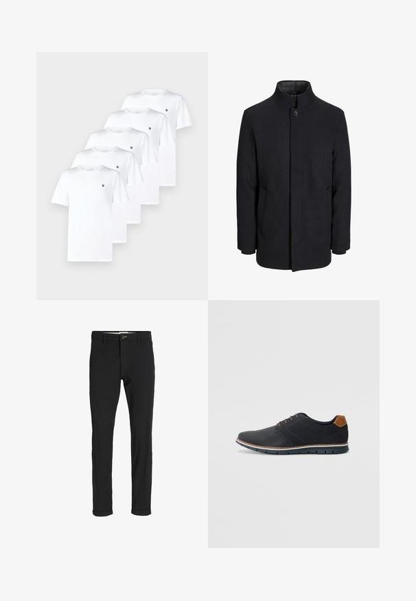 Men's svart ullfrakk med høy krage, skjult glidelås, en knapp lukking og sidelommer.; Fem hvite bomull T-skjorter med korte ermer og rund hals, med en liten svart logo på venstre brystområde.; Svart bomullsblandingsbukser med smal passform, med knappelukking, lommer og rullede mansjetter for en avslappet finish.; Sorte syntetiske sko med en teksturert overdel, glatte detaljer, brun hæl og en kontrastfarge på sålen. Har minimalt snøring og sømdetaljer.