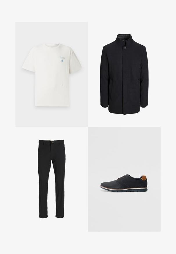 Herren schwarzer Wollmantel mit hohem Kragen, verdecktem Reißverschluss, einreihigem Knopfverschluss und Seitentaschen.; Weißes Baumwoll-T-Shirt mit Rundhalsausschnitt, kurzen Ärmeln und blauer "MYKONOS" Grafik auf der linken Brust, die ein kreisförmiges Designelement enthält.; Schwarze Baumwollmischungshose mit schmalem Schnitt, gekennzeichnet durch einen Knopfverschluss, Taschen und umgeschlagenen Säumen für einen lässigen Abschluss.; Schwarze synthetische Schuhe mit einer strukturierten Oberseite, glatten Akzenten, braunem Absatz und einer kontrastierenden Sohle. Verfügt über minimale Schnürung und Nähdetails.