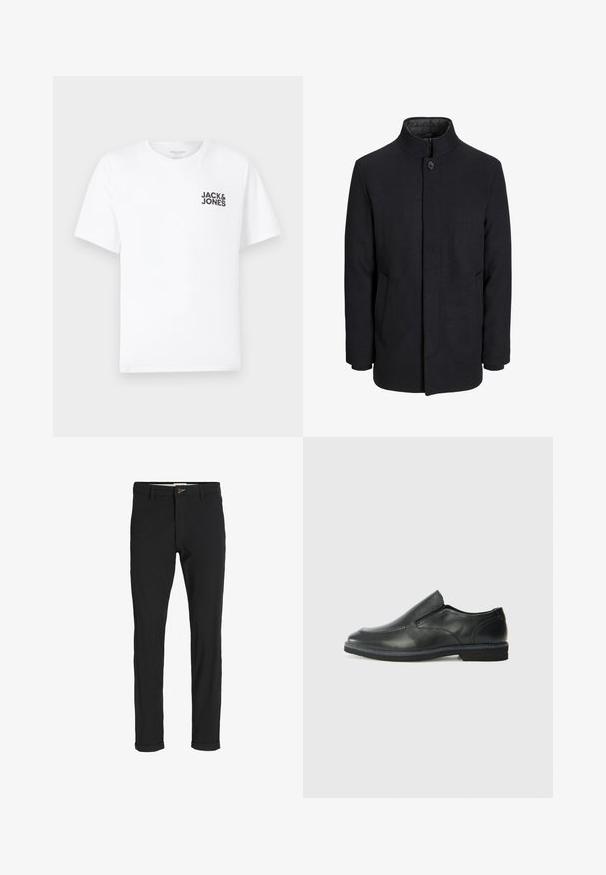 Zwart wollen mannenjas met hoge kraag, verborgen rits, sluiting met één knop en zijzakken.; Witte katoenen t-shirt, korte mouwen, ronde hals. Kenmerkt zich door het zwarte tekstlogo "JACK & JONES" op de linkerkant van de borst. Eenvoudig, strak ontwerp.; Zwarte katoenen broek van een katoenmix met een slim fit, voorzien van een knoopsluiting, zakken en opgerolde mouwen voor een casual afwerking.; Zwarte leren instapper met een soepele bovenkant, gestikte accenten, ronde neus en een lage rubberen hak. De zool heeft minimale profiel.