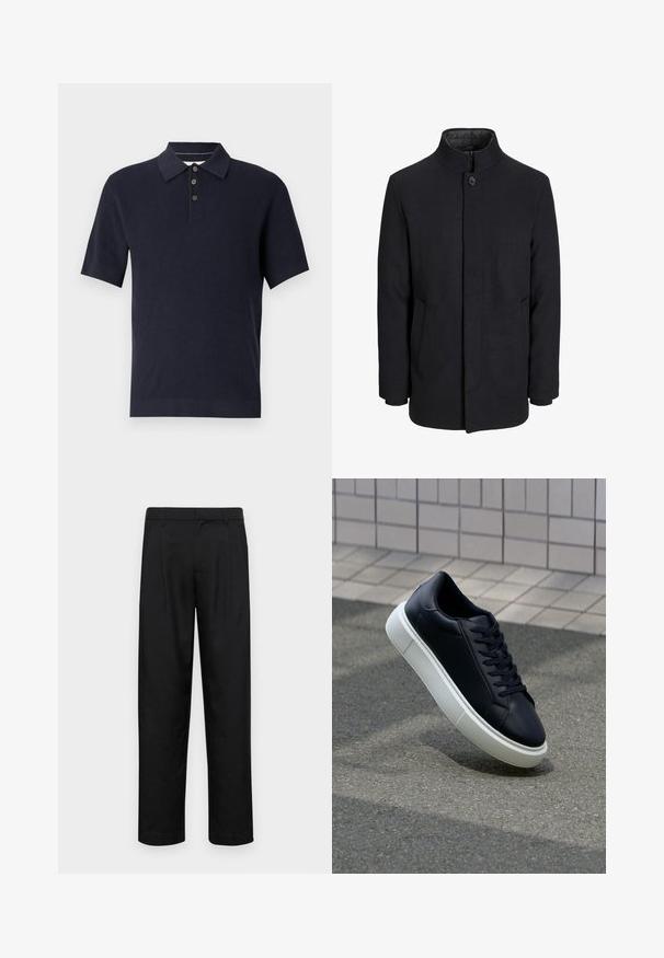 Moška črna volnena jakna z višjim ovratnikom, skritim zadrgo, enojnim gumbom za zapiranje in stranskimi žepi.; Mornarsko modra polo majica s kratkimi rokavi z teksturiranim vzorcem, ovratnikom in zadrgo na tri gumbe. Rebrast rob in manšete izboljšujeta obliko in prileganje.; Črne hlače iz gladkega materiala, s krojem ravne noge, dvema sprednjima pregiboma in standardnim pasom z zankami za pas.; Črne usnjene superge z zaobljenim prstom in belim gumijastim podplat. Imajo ravne vezalke in minimalno šivanje na zgornjem delu. Teksturirani podplat za oprijem.