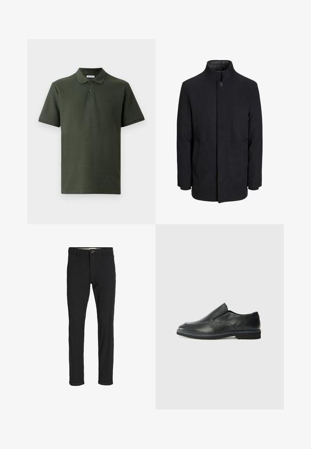 Pánsky čierny vlnový kabát s vysokým golierom, skrytým zipsom, jedným gombíkom a bočnými vreckami.; Tmavo zelené polo tričko vyrobené z textúrovanej tkaniny. Má golier, dva gombíky a malé logo na hrudi. Krátke rukávy.; Čierne nohavice z bavlneného zmesi so štíhlym strihom, s gombíkovým zapínaním, vreckami a založenými manžetami pre ležérny vzhľad.; Čierny kožený nazúvací topánka s hladkým zvrškom, prešitými akcentmi, zaoblenou špičkou a nízkym gumovým podpätkom. Podošva má minimálny dezén.