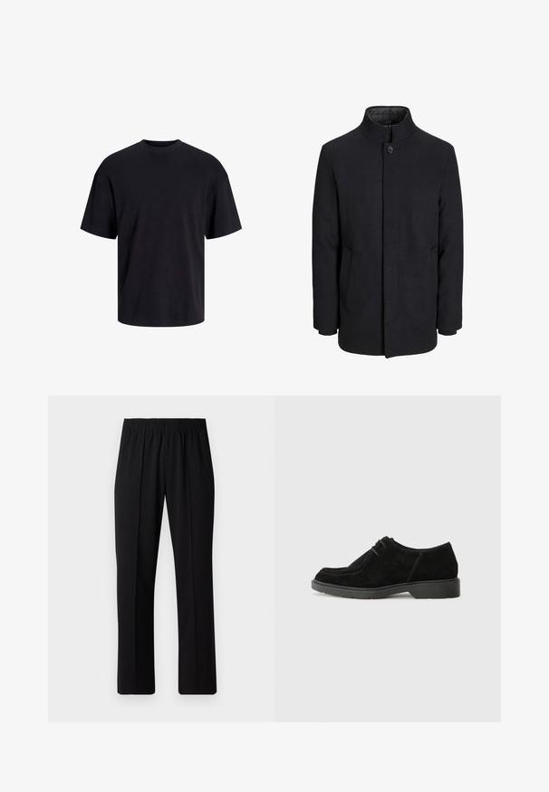 Men's black wool coat with high collar, concealed zipper, single button closure, and side pockets.; Black cotton t-shirt with a crew neckline, short sleeves, and a relaxed fit. Smooth texture and no visible patterns or accents.; Black, elastic-waist trousers with a straight-leg design, featuring a smooth texture and no visible patterns or hardware.; Black suede dress shoe with a rounded toe, contrasting stitching, and a rubber sole. Features minimal lacing and a smooth upper design.