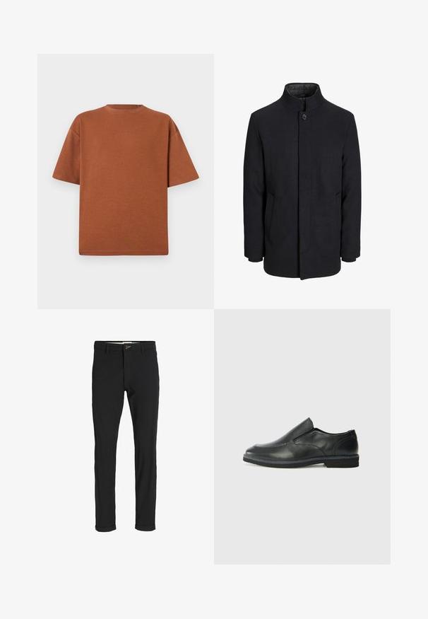 Moška črna volnena jakna z višjim ovratnikom, skritim zadrgo, enojnim gumbom za zapiranje in stranskimi žepi.; Rjava bombažna majica s kratkimi rokavi in okroglim izrezom, sproščenega kroja. Tkanina ima mehak teksturo in minimalne šive.; Črne bombažne hlače iz mešanice tkanin, ožjega kroja, z gumbom za zapiranje, žepi in zavihanimi robovi za sproščen videz.; Črne usnjene natikače z gladkim zgornjim delom, prišitimi detajli, zaobljenim nosom in nizkim gumijastim petkom. Podplat ima minimalen profil.