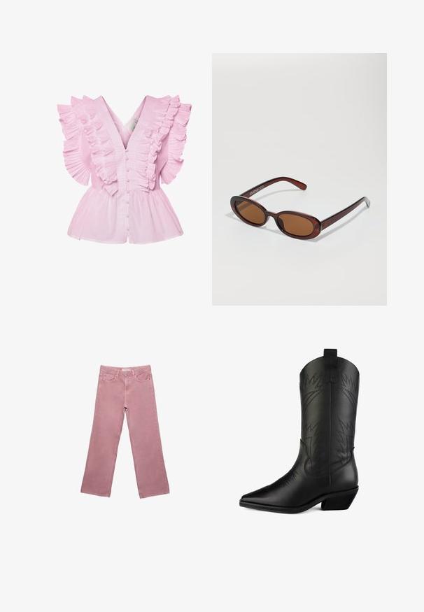 Schwarze Daunenjacke mit Kapuze, ausgestattet mit einem Reißverschluss vorne, elastischen Kordeln am Saum und kontrastierenden matten Einsatzflächen.; Cremefarbener Strickpullover mit langen Ärmeln, einem schalähnlichen Bindendetail am Hals und grauen gesteppten Kanten an Kragen und Bündchen.; Helles pinkes Blusenshirt mit Rüschensleeves und V-Ausschnitt. Es hat eine Knopfleiste und ein tailliertes Oberteil, das in einen Peplum-Stil ausläuft.; Rosa weit geschnittene Jeans aus Denim, mit hoher Taille, Fronttaschen und dezenten Nähdetails. Glatte Textur ohne Muster.; Schwarzer Leder-Cowboystiefel mit spitzem Zehenbereich, geschwungenem Schaft, dekorativer Steppnaht und niedrigem Blockabsatz. Mit Ziehschlaufen für einfaches An- und Ausziehen.; Runde, braun getönte Sonnenbrillen mit einem glänzenden burgunderfarbenen Rahmen. Schlanke Bügel mit dezentem Branding. Flaches Linsendesign.