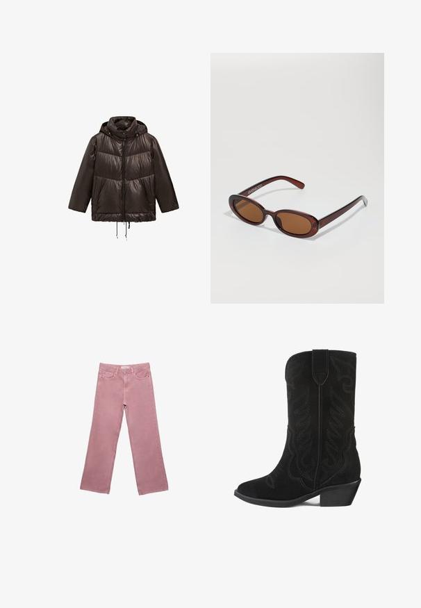 Černá péřovka s kapucí, s předním zipem, elastickými šňůrkami na spodním lemu a kontrastními matnými panely.; Krémově pletený svetr s dlouhými rukávy, šálovým detailem na krku a šedým prošitím na límci a manžetách.; Růžové široké džínsy vyrobené z denimu, s vysokým pasem, předními kapsami a decentními švy. Hladká textilie bez vzorů.; Černé semišové kovbojské boty s vyšitým květinovým vzorem, špičatou špičkou a nízkým blokovým podpatkem. Mají vysokou holení a poutko pro snadné obutí.; Kulaté sluneční brýle hnědé barvy s lesklým burgundským rámem. Úzké nožičky s jemným logem. Rovné čočky.