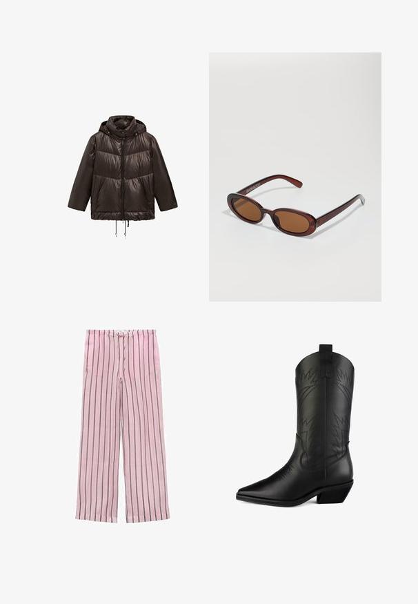 Černá péřovka s kapucí, s předním zipem, elastickými šňůrkami na spodním lemu a kontrastními matnými panely.; Krémově pletený svetr s dlouhými rukávy, šálovým detailem na krku a šedým prošitím na límci a manžetách.; Růžové pruhované kalhoty s širokými nohavicemi a černými a šedými svislými pruhy. Vyrobené z lehké tkaniny, s elastickým pasem pro pohodlí.; Černé kožené kovbojské boty s špičatou špičkou, zakřiveným svrškem, dekorativním prošíváním a nízkým blokovým podpatkem. Obsahují poutka pro snadné obouvání.; Kulaté sluneční brýle hnědé barvy s lesklým burgundským rámem. Úzké nožičky s jemným logem. Rovné čočky.