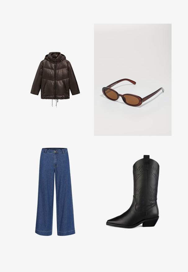 Černá péřovka s kapucí, s předním zipem, elastickými šňůrkami na spodním lemu a kontrastními matnými panely.; Krémově pletený svetr s dlouhými rukávy, šálovým detailem na krku a šedým prošitím na límci a manžetách.; Džínové kalhoty s širokými nohavicemi v tmavě modré barvě. Vyrobené z bavlny, s knoflíkovým zapínáním, předními kapsami a čistým lemem.; Černé kožené kovbojské boty s špičatou špičkou, zakřiveným svrškem, dekorativním prošíváním a nízkým blokovým podpatkem. Obsahují poutka pro snadné obouvání.; Kulaté sluneční brýle hnědé barvy s lesklým burgundským rámem. Úzké nožičky s jemným logem. Rovné čočky.