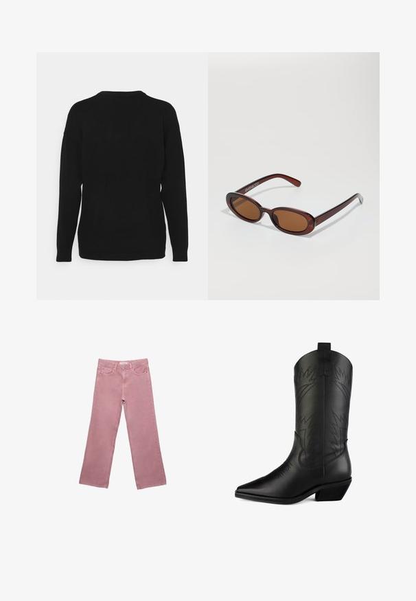 Černá péřovka s kapucí, s předním zipem, elastickými šňůrkami na spodním lemu a kontrastními matnými panely.; Černý svetr z měkké tkaniny s dlouhými rukávy, kulatým výstřihem a pohodlným střihem. Zadní strana má hladký, jednolitý design.; Růžové široké džínsy vyrobené z denimu, s vysokým pasem, předními kapsami a decentními švy. Hladká textilie bez vzorů.; Černé kožené kovbojské boty s špičatou špičkou, zakřiveným svrškem, dekorativním prošíváním a nízkým blokovým podpatkem. Obsahují poutka pro snadné obouvání.; Kulaté sluneční brýle hnědé barvy s lesklým burgundským rámem. Úzké nožičky s jemným logem. Rovné čočky.