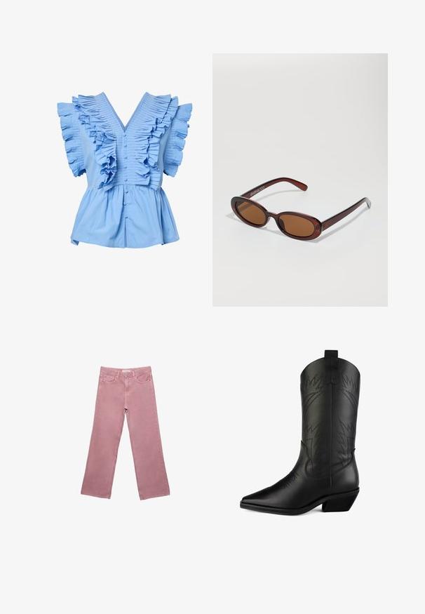 Czarna kurtka puchowa z kapturem, z zamkiem z przodu, elastycznymi sznurkami ściągającymi u dołu oraz kontrastowymi matowymi panelami.; Jasnoniebieska bluzka z krótkim rękawem, z dekoltem w kształcie litery V, z guzikami z przodu, szerokimi plisowanymi falbanami na ramionach i klatce piersiowej oraz zgromadzonym pasem w talii.; Różowe dżinsy o szerokich nogawkach, wykonane z denimu, z wysokim stanem, przednimi kieszeniami i subtelnymi detalami w postaci przeszyć. Gładka tekstura bez wzorów.; Czarne skórzane kowbojki z ostrym noskiem, zakrzywioną cholewką, ozdobnym przeszyciem i niskim klockiem. Posiadają pętelki ułatwiające zakładanie.; Okrągłe, brązowe okulary przeciwsłoneczne z błyszczącą bordową oprawą. Cienkie ramiona z subtelnym detalem marki. Płaski kształt soczewek.
