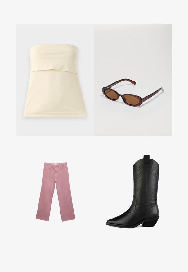 Black puffer jacket with a hood, featuring a zip front, elastic drawstrings at the hem, and contrasting matte finish panels.; Cream strapless top made of smooth, stretchy fabric. Features a folded design at the bust and a straight hem. Simple and minimalist style.; Pink wide-leg jeans made from denim, featuring a high waist, front pockets, and subtle stitching details. Smooth texture with no patterns.; Black leather cowboy boot with a pointed toe, curved shaft, decorative stitching, and a low block heel. Features pull tabs for easy wear.; Round, brown-tinted sunglasses with a glossy burgundy frame. Slim arms with subtle branding detail. Flat lens design.