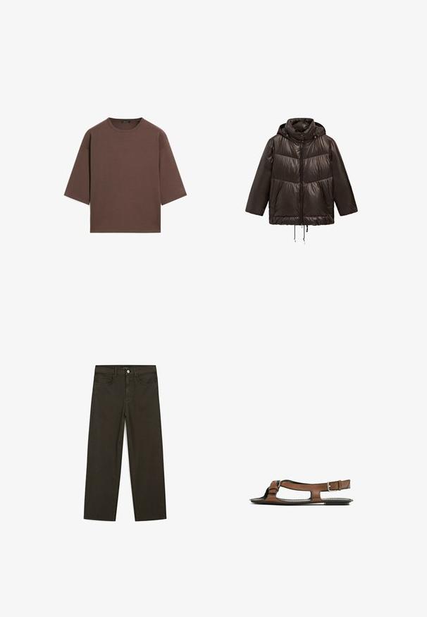 Zwarte pufferjas met capuchon, voorzien van een ritssluiting aan de voorkant, elastische koordjes aan de onderrand en contrasterende matte afwerkingspanelen.; Bruine cropped t-shirt met een ronde halslijn, korte mouwen en een zachte textuur. Ontworpen met een losse pasvorm en minimale details.; Donkergroene wijde jeans van een katoenmix, met een sluiting met een voorste knop, vijf zakken en klassieke denimstiksels.; Bruine leren sandaal met een open teen en zijuitsparingen. Voorzien van een enkelband met een metalen gesp en een platte zool.