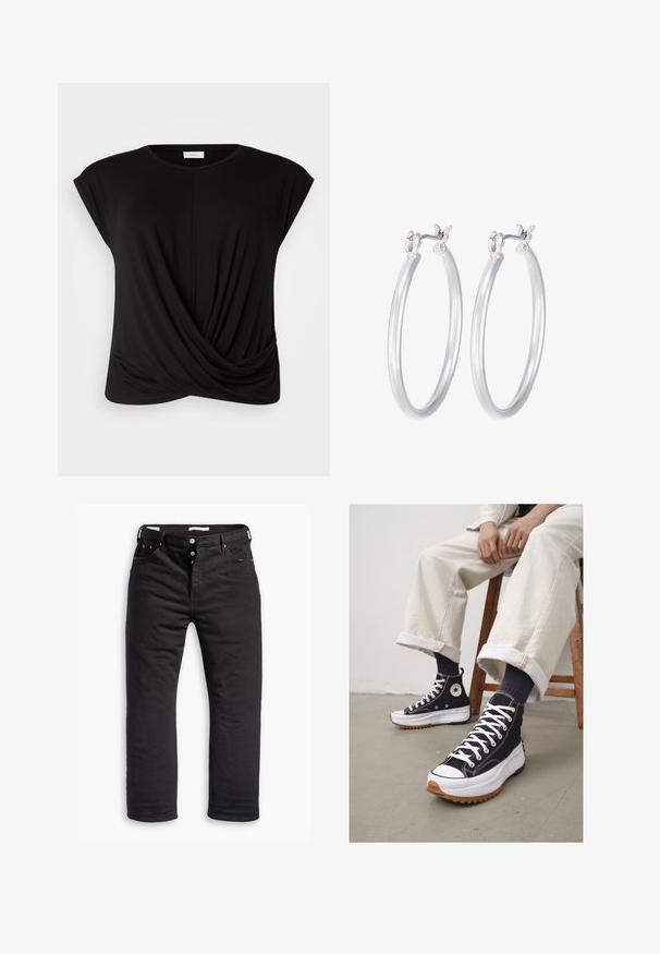 Juodas pūkinis paltas su gobtuvu, turintis siuvinėtą raštą, priekinį užtrauktuką ir šonines kišenes; sukurtas šilumai ir patogumui.; Juodas marškinėliai su apvaliu kaklu, trumpomis rankovėmis ir susuktos priekinės detalės, suteikiančios papildomą tekstūrą. Pagaminti iš minkštos, tamprios medžiagos.; Juodi džinsai su tiesiu sijonu, su sagų užsegimu, penkiomis kišenėmis ir subtiliu siuvinėjimo detaliu. Lygi tekstūra.; Juodi aukšti sportbačiai su baltais raišteliais ir guminiais pirštų gaubtais. Stori balti padai su tekstūruotu ruduo padu, dėvimi su tamsiai mėlynomis raištelinėmis kojinėmis.; Sidabriniai auskarai su sklandžiu, poliruotu paviršiumi. Apvalios formos ir saugus uždarymo mechanizmas. Lengvas dizainas, tinkantis kasdieniam dėvėjimui.