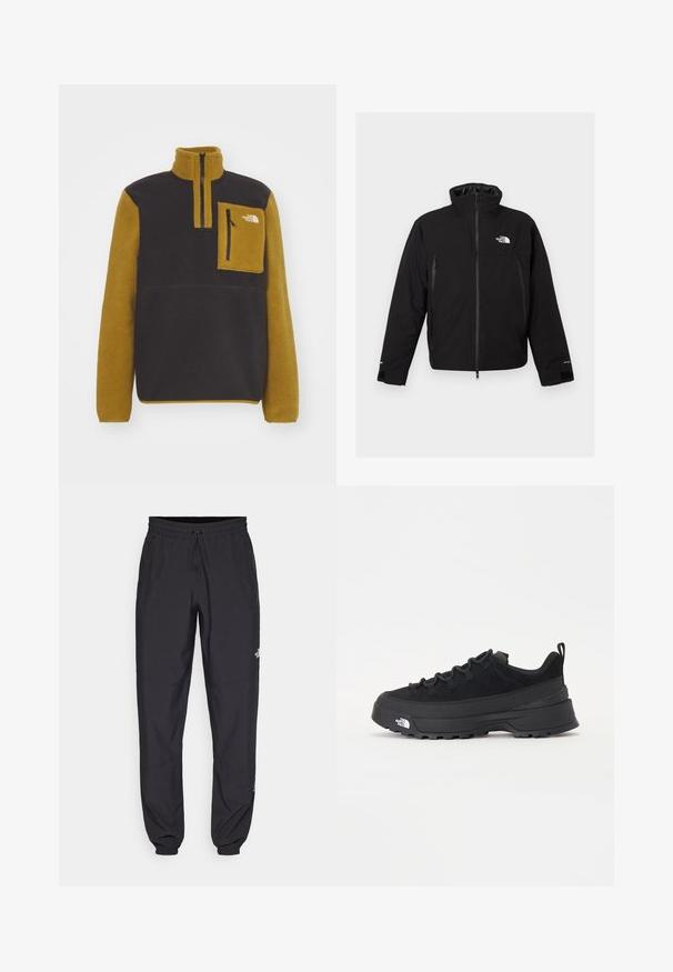 Fekete vízálló dzseki magas gallérral, cipzáras elülső részel, két oldalsó zsebbel és logóval a mellkason. Állítható mandzsettákkal és sima felülettel rendelkezik.; The North Face YUMIORI 1/4 ZIP - Polárpulóver - black/moss green; Fekete sportnadrág, könnyű anyagból készült, húzózsinóros derékkal, oldalsó zsebekkel és szűkített szárakkal a bokáknál.; Fekete kültéri sneaker velúr felsőrésszel, texturált gumitalppal és strapabíró fűzőrendszerrel. Megerősített sarkú és oldalán márkalogóval rendelkezik.