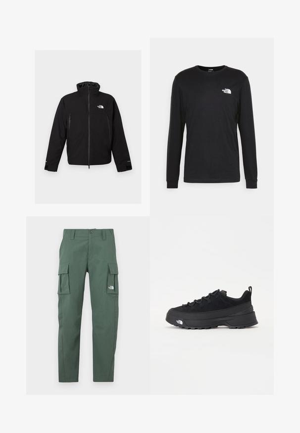 Czarna wodoodporna kurtka z wysokim kołnierzem, zamkiem z przodu, dwoma bocznymi kieszeniami i logo na klatce piersiowej. Posiada regulowane mankiety i gładką teksturę.; Czarny longsleeve t-shirt wykonany z bawełny, z białym logo na lewej piersi i ściągaczami przy nadgarstkach. Gładka faktura z okrągłym dekoltem.; Zielone spodnie cargo wykonane z teksturowanej tkaniny, z dwiema bocznymi kieszeniami cargo oraz zamek błyskawiczny z przodu. Posiadają zapięcie na guzik oraz logo marki na kieszeni.; Czarne sneakersy outdoorowe z zamszowym wierzchem, teksturowaną gumową podeszwą i solidnym systemem sznurowania. Posiadają wzmocnioną piętę oraz logo marki na boku.