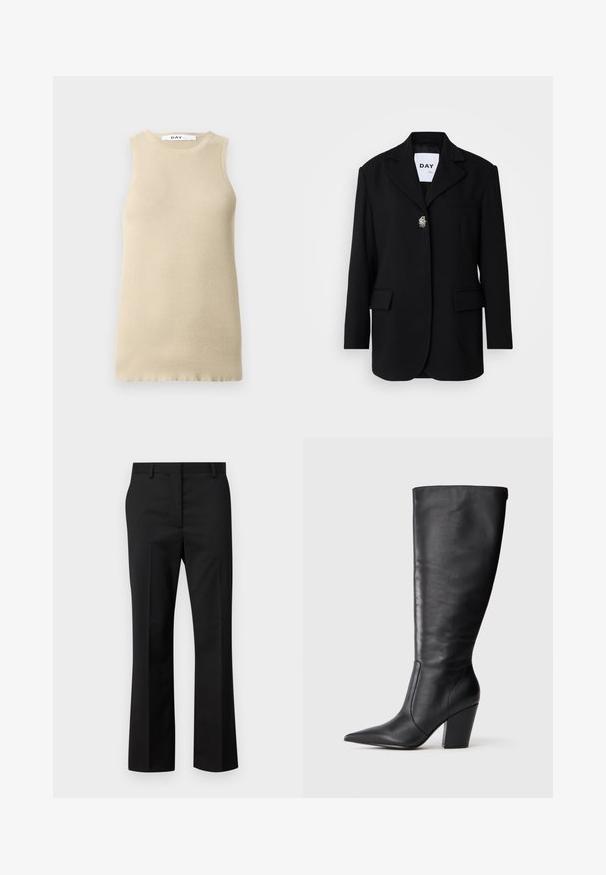 Čierny blazer s véčkovými klopami, dvoma prednými vreckami a jedným gombíkom s dekoratívnou brošňou. Hladká textúra látky.; Béžový rebrovaný top bez rukávov s okrúhlym výstrihom, ktorý sa dobre prispôsobuje postave a má hladkú textúru, ideálny na vrstvenie alebo teplé počasie.; Čierne nohavice na mieru s rovnými nohavicami. Vyrobené z hladkej látky, s rovnými prednými časťami a štandardným pásom s pútkami na opasok.; Čierna kožená čižma po kolená s špicatou špičkou a masívnym vysokým podpätkom, zobrazená v profilu zľava na bielom pozadí.