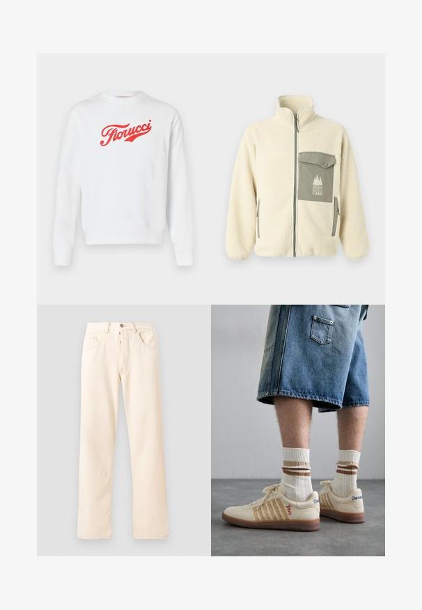 Chaqueta de forro polar en crema con cuello alto, cremallera frontal y un bolsillo en el pecho verde con un logo y cierre a botones.; Sudadera blanca con un destacado logo rojo "Fiorucci" en una fuente cursiva. Diseñada con cuello redondo y dobladillo y puños acanalados.; Camiseta de algodón gris con un pequeño bordado de la cabeza de un zorro naranja sobre el lado izquierdo del pecho. Cuello redondo, mangas cortas y un ajuste clásico.; Jeans de mezclilla beige claro con un diseño de pierna recta, cinco bolsillos y cierre delantero de botón. Costuras visibles a lo largo de las costuras.; Zapatillas retro beige con suela de goma marrón, que presentan acentos a rayas y logotipos bordados. Llevadas con calcetines blancos, con detalle a rayas marrones.