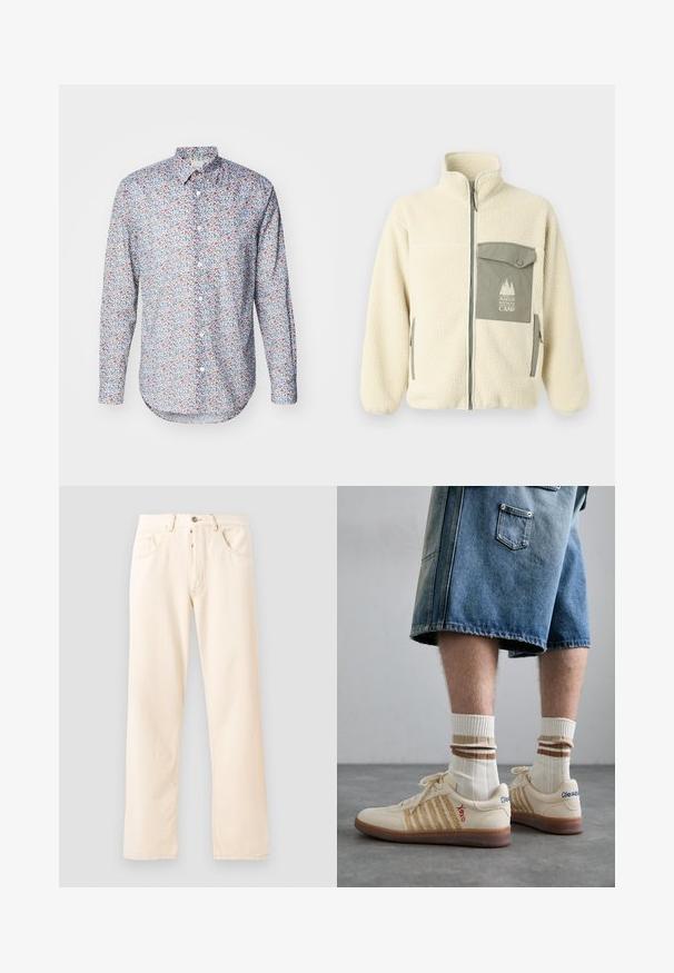 Fleece jack in roomkleur met een hoge kraag, ritssluiting aan de voorkant en een groene borstzak met een logo en knoopsluiting.; Paul Smith SLIM FIT SHIRT - Overhemd - multi-coloured; Grijze katoenen t-shirt met een kleine borduurmotief van een oranje voskop boven de linkerkant van de borst. Ronde hals, korte mouwen en een klassieke pasvorm.; Lichtbeige denim jeans met een rechte pijp, vijf zakken en een sluiting met een knoop aan de voorkant. Stiksel zichtbaar langs de naden.; Beige retro sneakers met een bruine rubberen zool, met gestreepte accenten en geborduurde logo's. Draag ze met witte sokken met gestreepte bruine details.