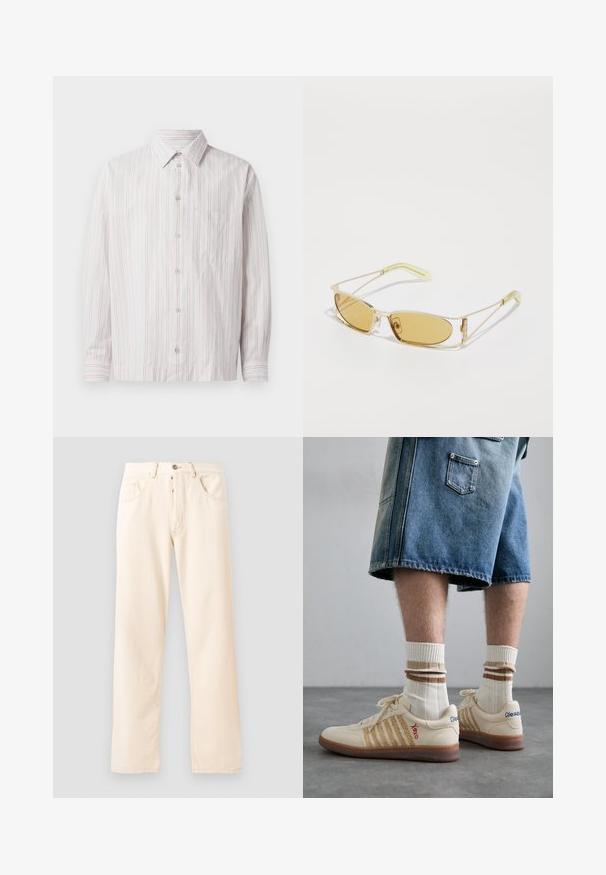Tejkabát krémszínben, magas gallérral, elülső cipzárral, és zöld mellzsebbel, amelyen logó és gombos zárás található.; Fehér ing vékony rózsaszín függőleges csíkokkal, hegyes gallérral, hosszú ujjakkal, egy darab mellzsebbe és lekerekített aljjal.; Szürke pamut póló, amelyen egy kis narancssárga róka fej hímzés található a bal mellen. Kerek nyakú, rövid ujjú és klasszikus fazonú.; Világos bézs farmernadrág egyenes szárú dizájnnal, öt zsebbel és elülső gombos zárással. A varrások láthatóak az illesztéseknél.; Bezs árnyalatú retro sportcipők barna gumitalppal, csíkos díszítéssel és hímzett logókkal. Fehér zoknikkal viselve, csíkos barna részletekkel.; Sárgás árnyalatú napszemüveg áttetsző arany kerettel, vékony téglalap alakú, szögletes karokkal, amelyek világoszöld részletekkel rendelkeznek.