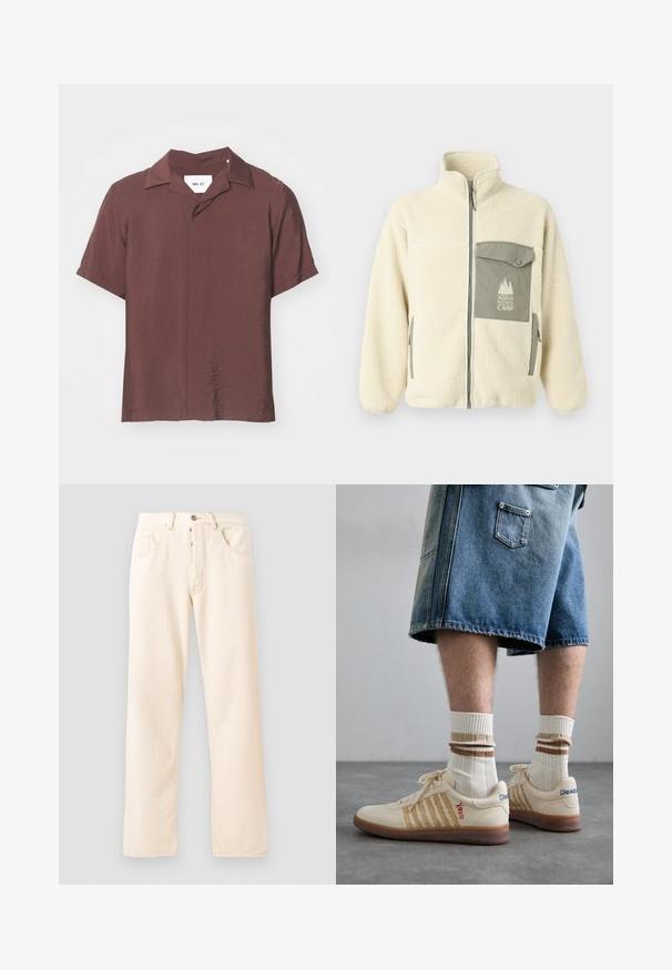 Veste en polaire crème avec un col haut, une fermeture éclair à l'avant et une poche poitrine verte arborant un logo et une fermeture à bouton.; Chemise à manches courtes, col classique, d'une couleur bordeaux profonde. Tissu texturé et léger avec une coupe décontractée et un léger brillant. Étiquette visible.; T-shirt en coton gris avec une petite broderie de tête de renard orange au-dessus de la poitrine gauche. Col rond, manches courtes et coupe classique.; Jean en denim beige clair avec un design à jambe droite, cinq poches et une fermeture à bouton à l'avant. Couture visible le long des coutures.; Baskets rétro beiges avec une semelle en caoutchouc brun, ornées d'accents rayés et de logos brodés. Portées avec des chaussettes blanches, détails rayés bruns.