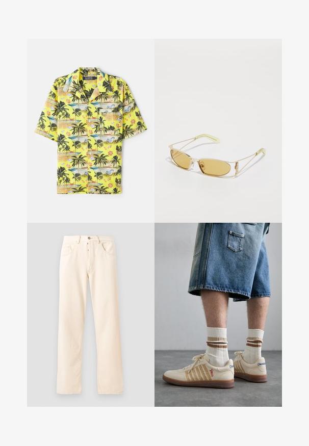 Krémová fleecová bunda s vysokým límcem, předním zipem a zelenou náprsní kapsou se znakem a knoflíkovým zapínáním.; Krátký rukáv žlutá košile s tropickým potiskem, který zobrazuje palmy, pláže a květinové vzory. Zapínání na knoflíky s kapsou na prsou.; Světlé béžové džíny s rovnými nohavicemi, pěti kapsami a předním zapínáním na knoflík. Šití viditelné podél švů.; Bežové retro tenisky s hnědou gumovou podrážkou, zdobené pruhovanými detaily a vyšitými logy. Nosené s bílými ponožkami, pruhovaný hnědý detail.; Sluneční brýle se žlutým nádechem, s průhledným zlatým rámem, štíhlým obdélníkovým tvarem a úhlovými nohami s světle zelenými akcenty.