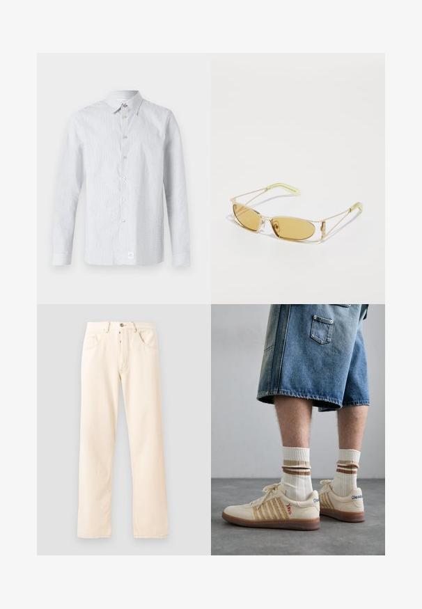 Giacca in pile di colore crema con colletto alto, zip frontale e tasca sul petto verde con logo e chiusura a bottone.; Camicetta a righe in azzurro chiaro e bianco. Presenta un colletto classico, maniche lunghe e un piccolo etichetta logo all'orlo.; T-shirt grigio in cotone con un piccolo ricamo di testa di volpe arancione sopra il lato sinistro del petto. Collo a giro, maniche corte e vestibilità classica.; Jeans in denim beige chiaro con un design a gamba dritta, cinque tasche e chiusura anteriore con bottone. Cuciture visibili lungo le cuciture.; Sneaker retro beige con suola in gomma marrone, dotate di dettagli a righe e loghi ricamati. Indossate con calze bianche e dettagli marroni a righe.; Occhiali da sole con tintura gialla, montatura traslucida dorata, forma rettangolare slanciata e aste angolari con dettagli verde chiaro.