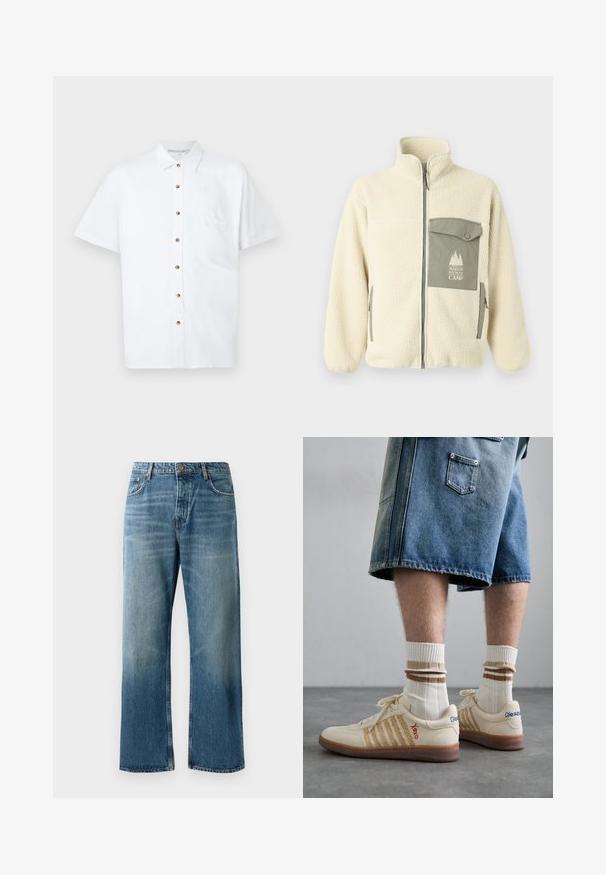 Fleece-Jacke in Creme mit hohem Kragen, Frontreißverschluss und einer grünen Brusttasche mit Logo und Knopfverschluss.; Weißes Kurzarmhemd aus Leinen mit Knopfleiste, einer Brusttasche und Holzknöpfen als Akzenten.; Helle blaue, weit geschnittene Jeans mit einer verblassten Waschung, ausgestattet mit einem Ein-Knopf-Verschluss, fünf Taschen und kontrastierenden Nähten.; Beige Retro-Sneaker mit braunem Gummisohle, mit gestreiften Akzenten und gestickten Logos. Getragen mit weißen Socken, gestreiftem braunen Detail.