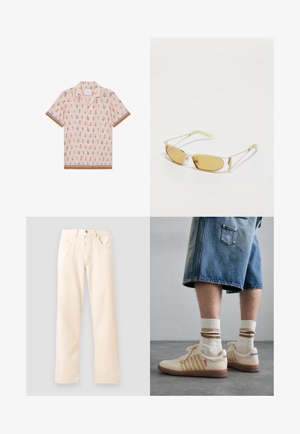 Fleece jack in roomkleur met een hoge kraag, ritssluiting aan de voorkant en een groene borstzak met een logo en knoopsluiting.; Korte mouwen shirt in beige met een bloemenpatroon, met roze, oranje en groene illustraties. Accent met gestreepte blauwe en bruine afwerkingen.; Grijze katoenen t-shirt met een kleine borduurmotief van een oranje voskop boven de linkerkant van de borst. Ronde hals, korte mouwen en een klassieke pasvorm.; Lichtbeige denim jeans met een rechte pijp, vijf zakken en een sluiting met een knoop aan de voorkant. Stiksel zichtbaar langs de naden.; Beige retro sneakers met een bruine rubberen zool, met gestreepte accenten en geborduurde logo's. Draag ze met witte sokken met gestreepte bruine details.; Geel getinte zonnebril met een doorzichtig gouden montuur, slank rechthoekig ontwerp en hoekige armen met lichtgroene accenten.