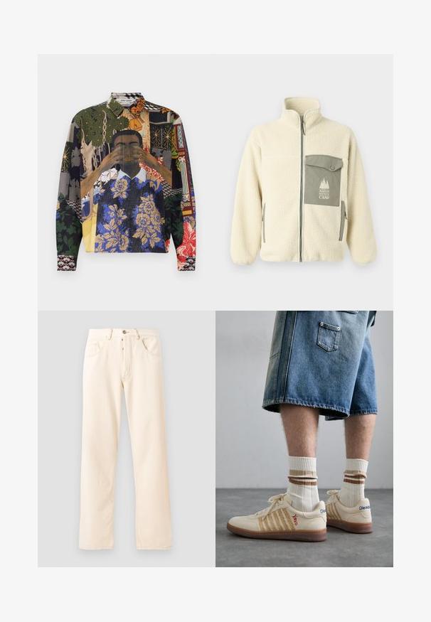 Giacca in pile di colore crema con colletto alto, zip frontale e tasca sul petto verde con logo e chiusura a bottone.; Camicia a maniche lunghe di colori vari, caratterizzata da un collage di motivi, tra cui fiori, forme geometriche e motivi illustrati su un tessuto texturizzato.; T-shirt grigio in cotone con un piccolo ricamo di testa di volpe arancione sopra il lato sinistro del petto. Collo a giro, maniche corte e vestibilità classica.; Jeans in denim beige chiaro con un design a gamba dritta, cinque tasche e chiusura anteriore con bottone. Cuciture visibili lungo le cuciture.; Sneaker retro beige con suola in gomma marrone, dotate di dettagli a righe e loghi ricamati. Indossate con calze bianche e dettagli marroni a righe.