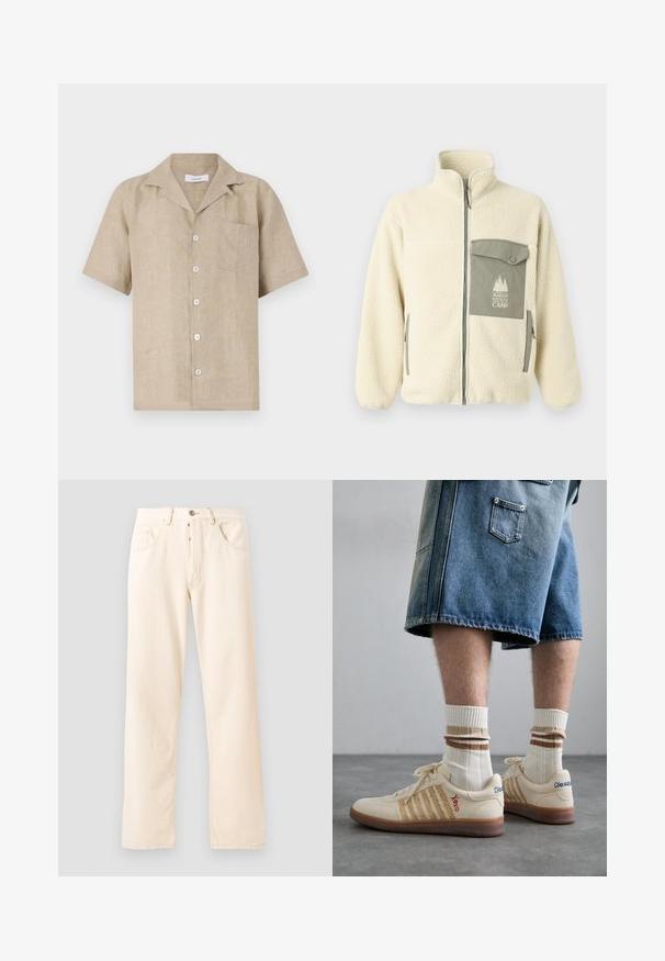 Fleece takki vaaleassa värissä, jossa on korkea kaulus, etuvetoketju ja vihreä rintatasku, jossa on logo ja napillinen suljenta.; Löysä lyhythihainen pellavapaita vaaleanbeigessä, jossa on kaulus, etupainatusnapit ja vasemmalla rintatasku. Rakenteellinen kangas puhtaalla suunnittelulla.; Vaaleanbeiget farkut, joissa on suora lahje, viisi taskua ja etupainikekiinnitys. Ompeleet näkyvät saumoissa.; Beige retro lenkkarit ruskealla kumipohjalla, joissa on raidalliset yksityiskohdat ja brodeeratut logot. Yhdistetty valkoisten sukien kanssa, joissa on ruskeat raidat.