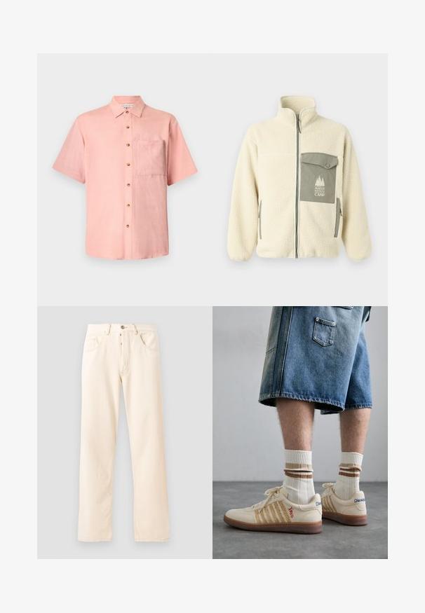 Jachetă din fleece în crem, cu guler înalt, fermoar frontal și un buzunar pe piept de culoare verde, căptușit cu un logo și închidere cu buton.; Cămașă cu mânecă scurtă, de culoare roz deschis, fabricată din in, cu un guler butonat și un buzunar pe piept. Butoanele din lemn natural pun în valoare designul.; Jeans din denim bej deschis, cu un design drept, cinci buzunare și închidere cu nasture frontal. Cusăturile sunt vizibile pe margini.; Sneakers retro bej cu talpă din cauciuc brun, având accente în dungi și logo-uri brodate. Purtați cu șosete albe, detaliu în dungi maronii.