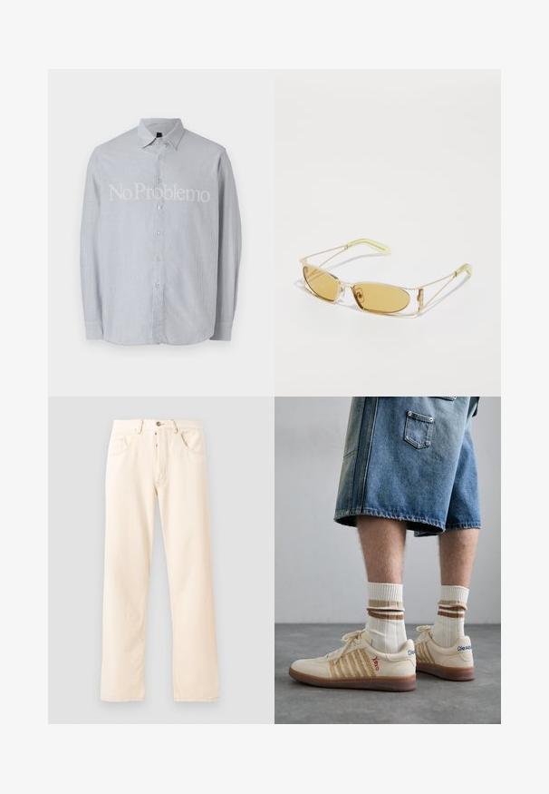 Krémová fleecová bunda s vysokým límcem, předním zipem a zelenou náprsní kapsou se znakem a knoflíkovým zapínáním.; Světle modrá pruhovaná košile s dlouhým rukávem a límcem na knoflíky, s výrazným bílým textem "No Problemo" na přední straně.; Šedé bavlněné tričko s malou výšivkou hlavy oranžového lišáka nad levým hrudníkem. Kulatý výstřih, krátké rukávy a klasický střih.; Světlé béžové džíny s rovnými nohavicemi, pěti kapsami a předním zapínáním na knoflík. Šití viditelné podél švů.; Bežové retro tenisky s hnědou gumovou podrážkou, zdobené pruhovanými detaily a vyšitými logy. Nosené s bílými ponožkami, pruhovaný hnědý detail.; Sluneční brýle se žlutým nádechem, s průhledným zlatým rámem, štíhlým obdélníkovým tvarem a úhlovými nohami s světle zelenými akcenty.