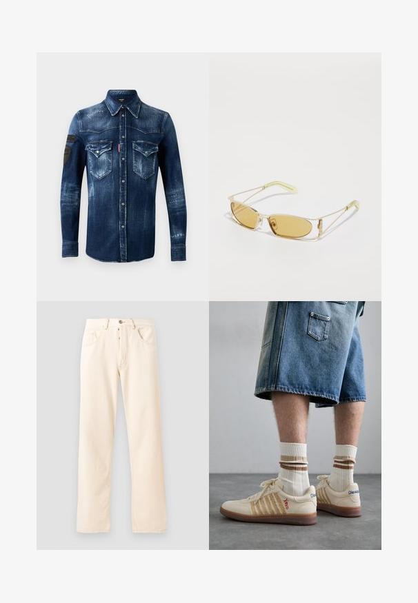 Fleece jakke i creme med høj krave, frontlynlås og en grøn brystlomme, der har et logo og knaplukning.; Mørkeblå denim skjorte med lange ærmer, knapfront, to brystlommer med klap og slidte detaljer, med sorte lapper på venstre ærme.; Lys beige denim jeans med en lige ben design, fem lommer og en frontlukning med knap. Syninger synlige langs sømmene.; Beige retro sneakers med brun gummisål, der har stribede detaljer og broderede logoer. Bæres med hvide sokker og stribet brun detalje.; Gule solbriller med en gennemsigtig guldramme, slank rektangulær form og vinklede arme med lysegrønne accenter.