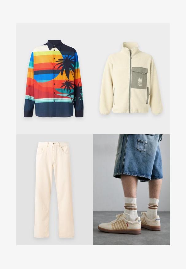 Fleece takki vaaleassa värissä, jossa on korkea kaulus, etuvetoketju ja vihreä rintatasku, jossa on logo ja napillinen suljenta.; Värikäs nappikauluspaita, jossa on vaakasuoria raitoja sinisen, oranssin ja vihreän sävyissä, mustia palmupuumotiiveja sekä tumma kaulus.; Vaaleanbeiget farkut, joissa on suora lahje, viisi taskua ja etupainikekiinnitys. Ompeleet näkyvät saumoissa.; Beige retro lenkkarit ruskealla kumipohjalla, joissa on raidalliset yksityiskohdat ja brodeeratut logot. Yhdistetty valkoisten sukien kanssa, joissa on ruskeat raidat.