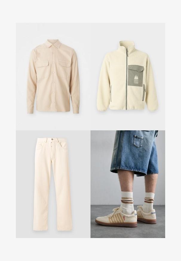 Kreminė fliso striukė su aukštu kaklu, priekiniais užtrauktukais ir žalia krūtine kišene, kurioje yra logo ir sagos uždarymas.; Smėlio spalvos ilgomis rankovėmis marškiniai, pagaminti iš audinės, su dviem krūtinės kišenėmis, smailiu apykakle ir sagčių uždarymu priekyje. Glotnus paviršius.; Pilkas medvilninis marškinėliai su maža oranžine lapės galvos siuvinėjimu virš kairiojo krūtinės. Apvalus kaklas, trumpomis rankovėmis ir klasikinio silueto.; Šviesiai smėliniai džinsai su tiesiu sijonu, penkiomis kišenėmis ir priekiu užsegamu mygtuku. Siuvimo linijos matomos palei siūles.; Bežiniai retro sportbačiai su rudu guminio pado, turi dryžuotų akcentų ir siuvinėtų logotipų. Dėvimi su baltais kojiniais, su dryžuotu ruduo akcentu.