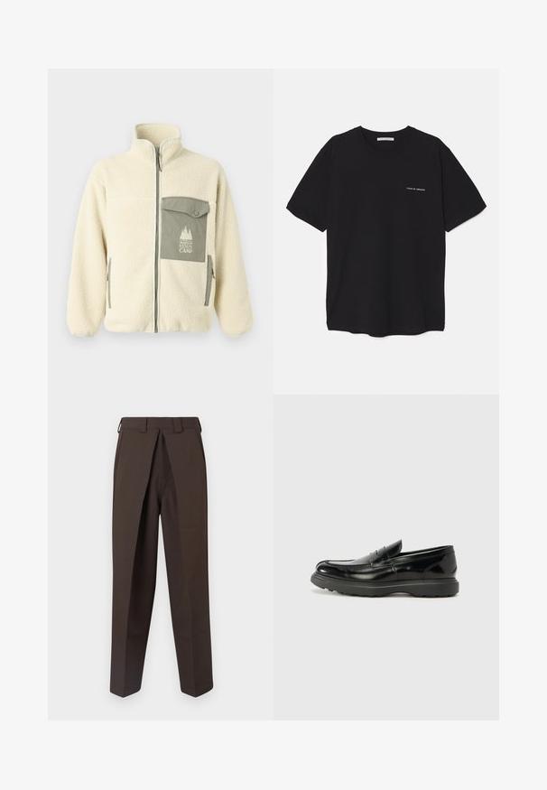 Flis jakna v kremni barvi z visokim ovratnikom, sprednjim zadrgo in zeleno prsno žepom, ki vključuje logo in zapiranje na gumb.; Črna bombažna majica s kratkimi rokavi in okroglim ovratnikom, z belim logotipom natisnjenim na levi prsni strani. Preprost, enobarven dizajn.; BLUEMARBLE WORK PANT - Hlače - brown; Črne usnjene loafer čevlje z sijajno obdelavo, okroglo špico, subtilnimi šivi in debelim gumijastim podplatom za trajnost.